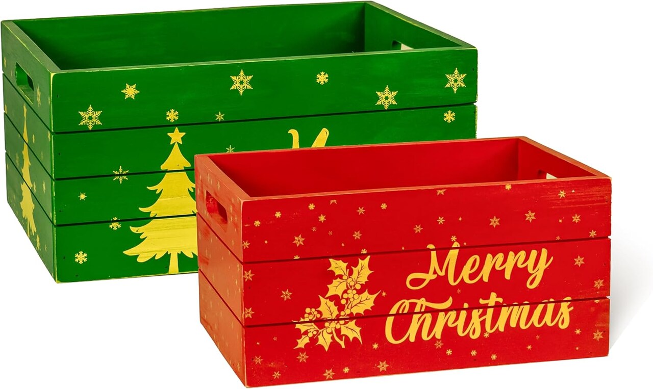 Set of 2 Red and Green Decorative Nesting Wooden Merry Christmas Storage Crate Organizers with Golden Lettering